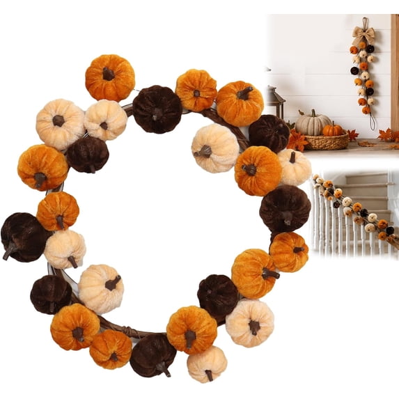 Fall Pumpkin Hanging Swag, Velvet Harvest Pumpkin Decor, Autumn Farmhouse, Thanksgiving Decorations for Front Door Kitchen Fireplace Home Indoor Outdoor