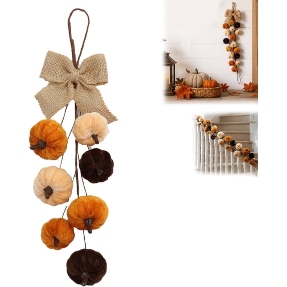 Fall Pumpkin Hanging Swag, Velvet Harvest Pumpkin Decor, Autumn Farmhouse, Thanksgiving Decorations for Front Door Kitchen Fireplace Home Indoor Outdoor