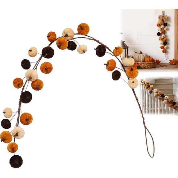 Fall Pumpkin Hanging Swag, Velvet Harvest Pumpkin Decor, Autumn Farmhouse, Thanksgiving Decorations for Front Door Kitchen Fireplace Home Indoor Outdoor