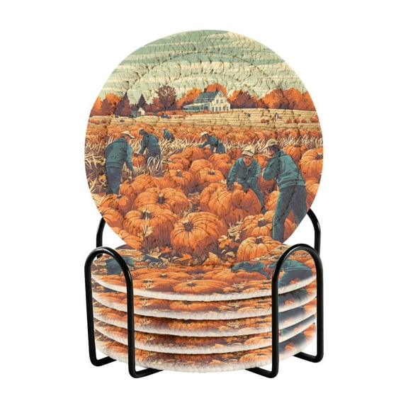 Fall Pumpkin Harvest Drink Coasters with Holder Absorbent Coaster for Coffee Table Room Decor 6 Pack