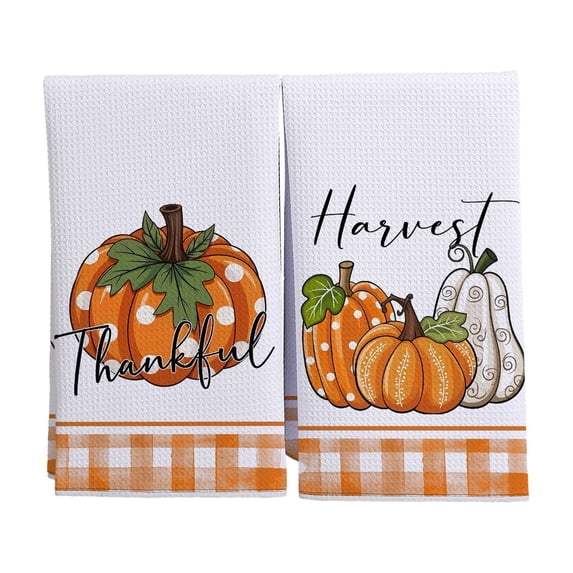 Fall Pumpkin Harvest Kitchen Towels, Absorbent Dish Hand Towels, Thanksgiving Autumn Decorative Tea Towels for Cooking Home Kitchen Decor 2 Pack Orange