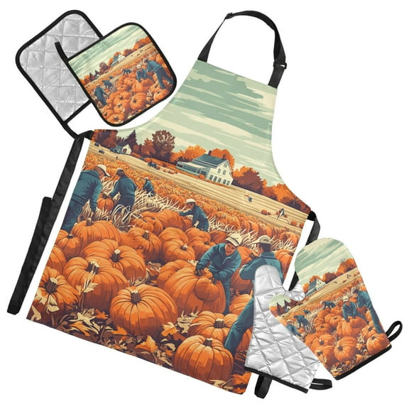 Fall Pumpkin Harvest Oven Mitts and Pot Holders with Chef Apron Set 5 Pcs Kitchen Cooking Set