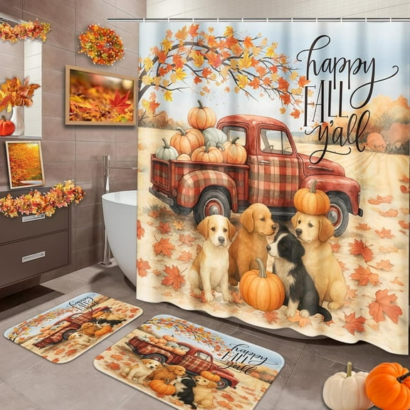 Fall Pumpkin Highland Beef Flower Pot Bathroom Set with Shower Curtain Sets and Rugs and Accessories Sunflower Wood Leaves Shower Curtain Set Bathroom Decor 3 Pcs