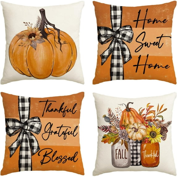 Fall Pumpkin Home Sweet Home Throw Pillow Covers, 18 x 18 Inch Autumn Thankful Grateful Blessed Harvest Floral Decorations for Sofa Couch Set of 4