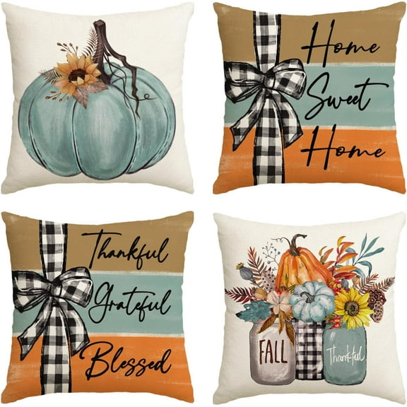 Fall Pumpkin Home Sweet Home Throw Pillow Covers, 18 x 18 Inch Autumn Thankful Grateful Blessed Harvest Floral Decorations for Sofa Couch Set of 4