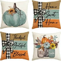 Fall Pumpkin Home Sweet Home Throw Pillow Covers, 18 x 18 Inch Autumn Thankful Grateful Blessed Harvest Floral Decorations for Sofa Couch Set of 4
