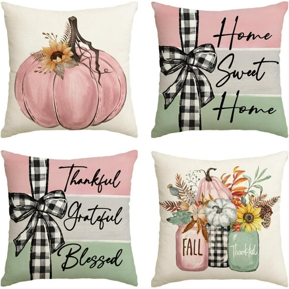 Fall Pumpkin Home Sweet Home Throw Pillow Covers, 18 x 18 Inch Autumn Thankful Grateful Blessed Harvest Floral Pink Decorations for Sofa Couch Set of 4