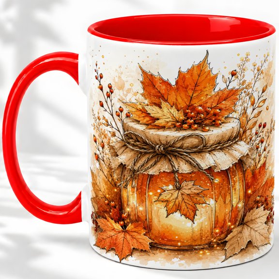 Fall Pumpkin Jar 11oz Accent Mug, Ceramic Coffee Cup Glossy ceramic mug with double-sided autumn pumpkin jar artwork for daily coffee, tea, or office use