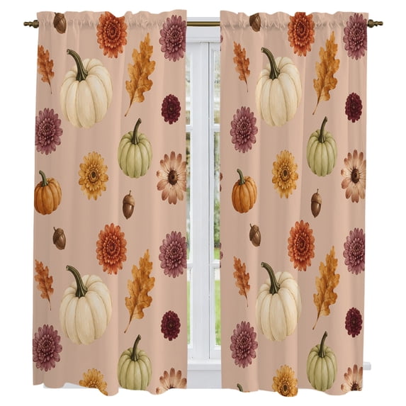 Fall Pumpkin Kitchen Curtains 63 Inch Length, Thanksgiving Autumn Leaves Floral Botanical Tiers Curtains for Living Room Berdoom Bathroom, Light Filtering Drapes Window Treatment 2 Panels 42"Wx63"L