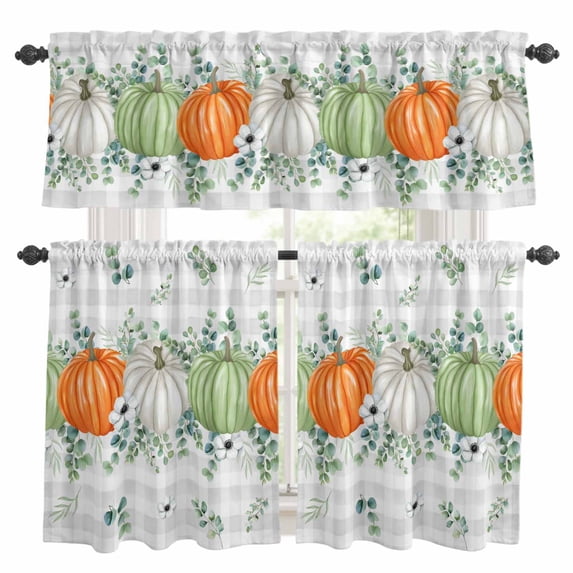 Fall Pumpkin Kitchen Curtains Sets for Windows 24 Inch Length, Orange Green White Thanksgiving Leaf Plaid Rod Pocket Window Treatments Tier Curtains and Valances Set for Bedroom/Bathroom
