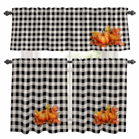 Fall Pumpkin Kitchen Curtains Sets for Windows 36 Inch Length, Thanksgiving Black Check Buffalo Plaid Rod Pocket Window Treatments Tier Curtains and Valances Set for Bedroom/Bathroom