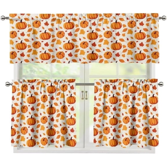 Fall Pumpkin Kitchen Curtains Valance Set of 3 Thanksgiving Window Curtains Set Autumn Leaf Valance Curtain Window Drapes,24" Tier & Valance Set