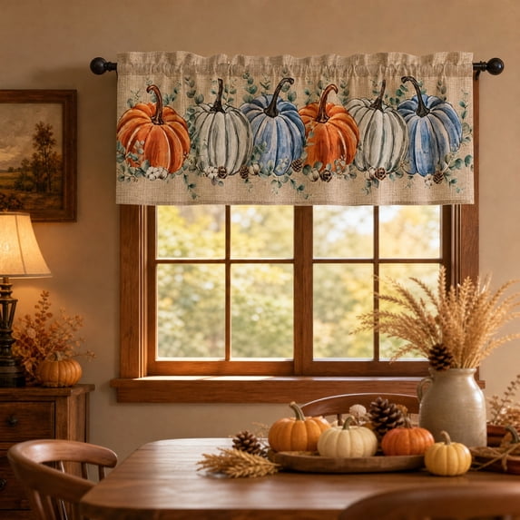 Fall Pumpkin Kitchen Curtains Valances Thanksgiving Harvest Design for Windows Valances Rod Pocket Curtain Valance for Bathroom Living Room Cafe 54x18 inch Window Treatment for Home Decor