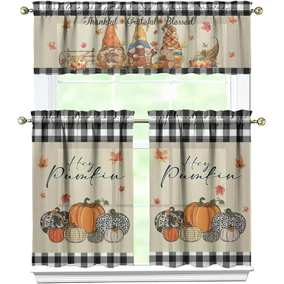 Fall Pumpkin Kitchen Curtains Valances and Tiers Set for Windows, Autumn Gnome Buffalo Plaid Bathroom Window Curtain Valance 3 Piece Sets,Thanksgiving Kitchen Decor for Living Room,54"x 36"
