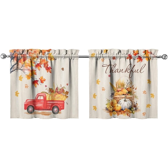 Fall Pumpkin Kitchen Curtains Valances and Tiers Set for Windows, Autumn Truck Maple Leaves Bathroom Window Curtain Valance 2 Piece Sets,Thanksgiving Kitchen Decor for Living Room,27.5"x24"