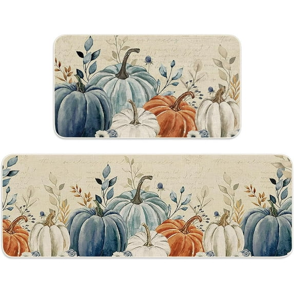 Fall Pumpkin Kitchen Mats Blue Orange Pumpkin Leaves Non-Slip Floor Mat Autumn Decorative Bathroom Rugs for Thanksgiving, 17 x 29 Inch & 17 x 47 Inch