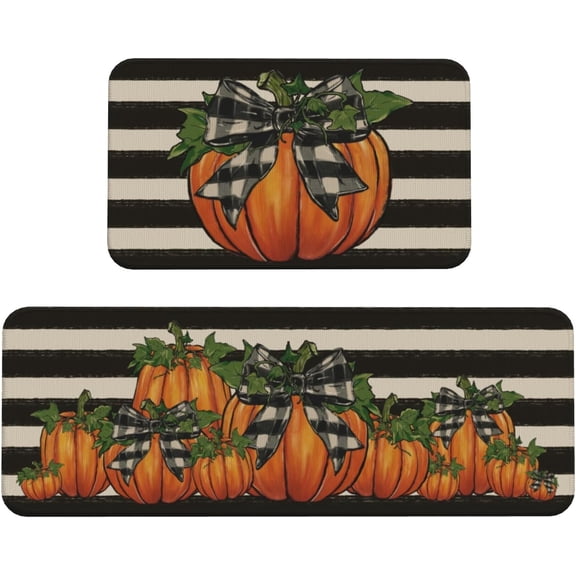 Fall Pumpkin Kitchen Mats Set of 2 Autumn Buffalo Plaid Striped Kitchen Rugs for Floor Home Decor Harvest Seasonal Bathroom Laundry Room Doorway Decoration Absorbent Mats,17x29 and 17x47 Inch