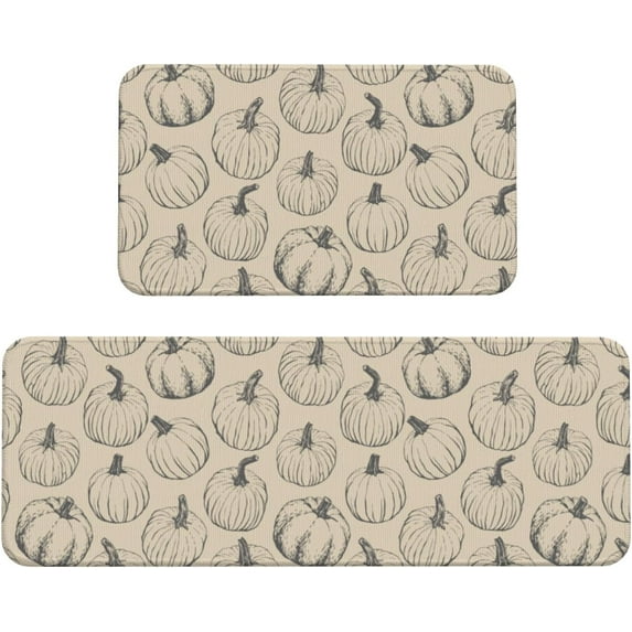 Fall Pumpkin Kitchen Mats Set of 2 Grey Gray Cream Autumn Harvest Thanksgiving Holiday Kitchen Rugs for Floor Home Decor Bathroom Laundry Room Doorway Decoration Absorbent Mats,17x29 and 17x47 Inch