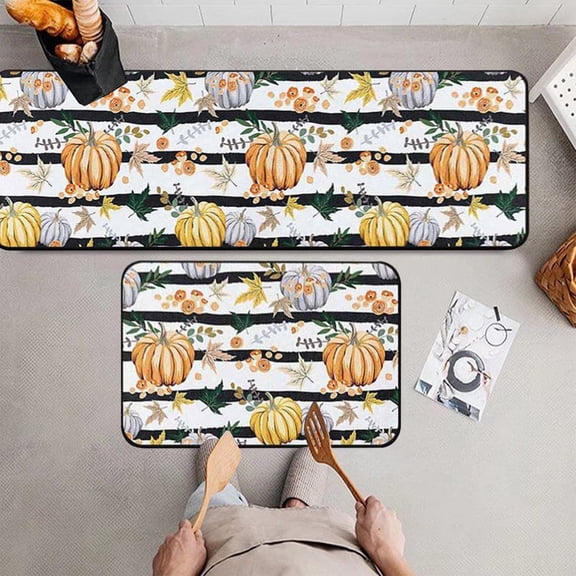 Fall Pumpkin Kitchen Mats Set of 2, Non-Slip Absorbent Rug and Door Mats, Seasonal Autumn Home Decor Thanksgiving Farmhouse Floor Mat 16"x 24'' and 16"x 48''