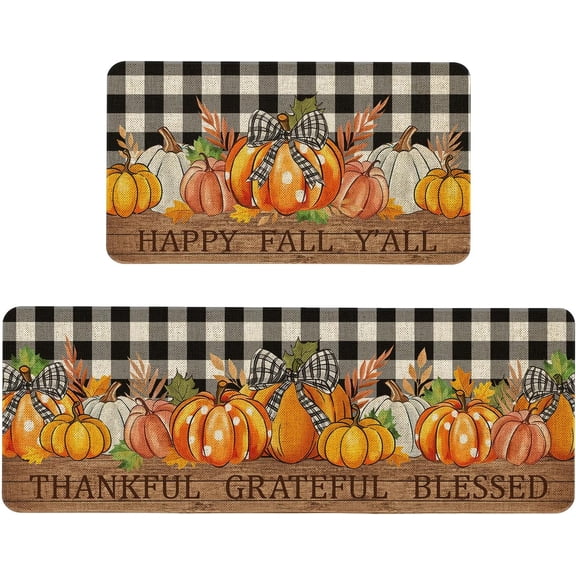 Fall Pumpkin Kitchen Mats Set of 2 Non Slip Happy Fall YAll Kitchen Rugs Autumn Thanksgiving Home Decor Low-Profile Washable Floor Mat 17x47 Inch and 17x29 Inch