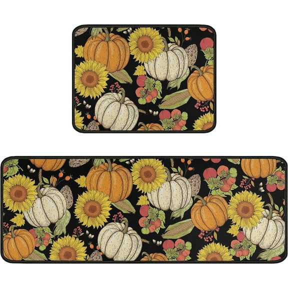 Fall Pumpkin Kitchen Rugs and Mats Sets of 2,Thanksgiving Farmhouse Kitchen Decoration Rubber Backing Non-Slip Floor Mat for Sink Waterproof Laundry Room Rugs,Black 17x24+17x48inch