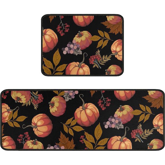 Fall Pumpkin Kitchen Rugs and Mats Sets of 2,Thanksgiving Farmhouse Kitchen Rugs Decoration Rubber Backing Non-Slip Floor Mat for Sink Waterproof Laundry Room Rugs Runner,Black 17x24+17x48inch