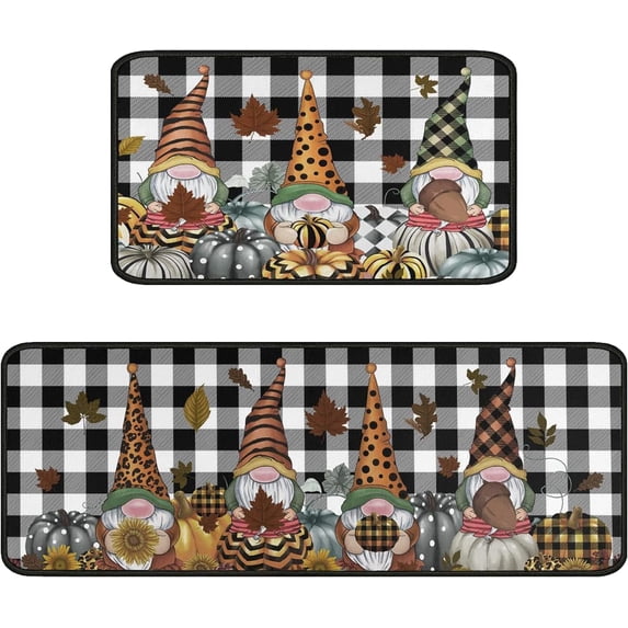 Fall Pumpkin Kitchen Rugs and Mats Sets of 2,Thanksgiving Gnomes Kitchen Mat for Floor Autumn Kitchen Decoration Non-Slip Mat for Sink Waterproof Laundry Room Rugs Runner