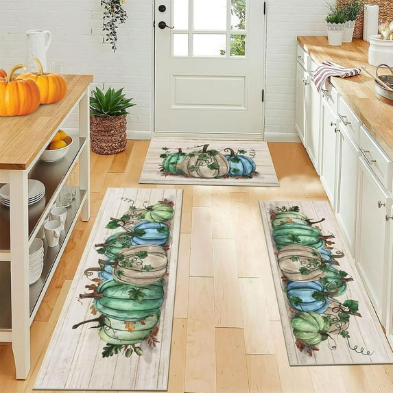 Fall Pumpkin Kitchen Rugs with Runner Sets 3 Piece Farmhouse Seasonal Harvest Holiday Party Rugs and Mats Non Skid Washable Kitchen Floor Mats for Home Hallway Laundry(Green Pumpkin)