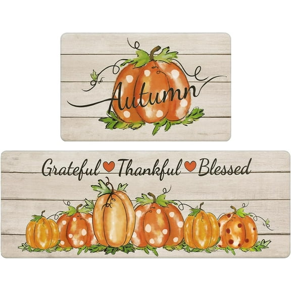 Fall Pumpkin Kitchen Rugs Set of 2, Autumn Farmhouse Kitchen Floor Mat, Non Slip Anti Fatigue Kitchen Mats for Floor, Cushioned Kitchen Runner Rug Set Fall Harvest Thanksgiving Decor