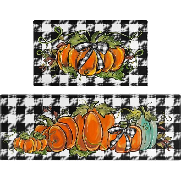 Fall Pumpkin Kitchen Rugs Set of 2,Buffalo Plaid Harvest Thanksgiving Floor Mats and Rugs Non Skid Washable for Kitchen Home Decor,Fall Farmhouse Decorations and Accessories (17"x47"+17"x30")