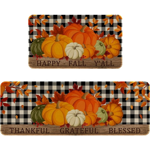 Fall Pumpkin Kitchen Rugs Set of 2,Buffalo Plaid Holiday Kitchen Mats for Floor,Autumn Seasonal Non-Slip Washable Sink Mats Home Decor Doormat+Runner Rug