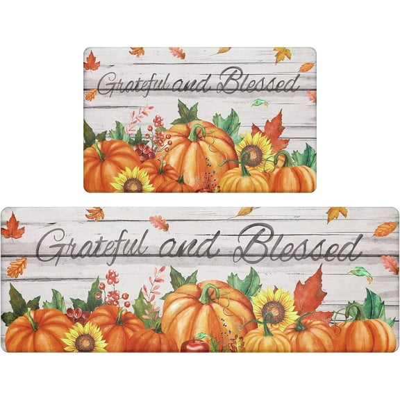 Fall Pumpkin Kitchen Rugs Set of 2, Farmhouse Kitchen Floor Mat, Non Slip Anti Fatigue Kitchen Mats for Floor, Waterproof Cushioned Kitchen Runner Rug Set Fall Harvest Thanksgiving Decor