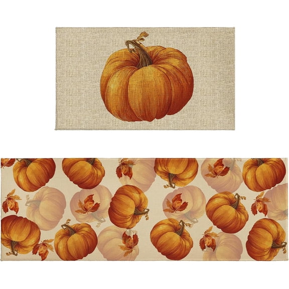 Fall Pumpkin Kitchen Rugs Sets of 2 Non Slip Autumn Maple Leaves Kitchen Runner Rug with Rubber Backing Washable Fall Kitchen Mats for Floor Kitchen Mat 17"x47"+17"x30" for Kitchen Hallway Laundry