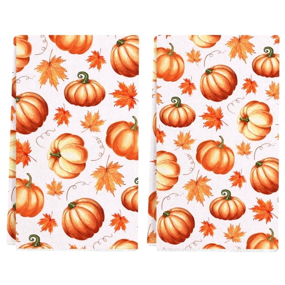Fall Pumpkin Kitchen Towel 18x26 Inch,Orange White Maple Leaves Dish Towels Hand Towels for Harvest Autumn Thanksgiving Home Kitchen Decoration (Set of 2)