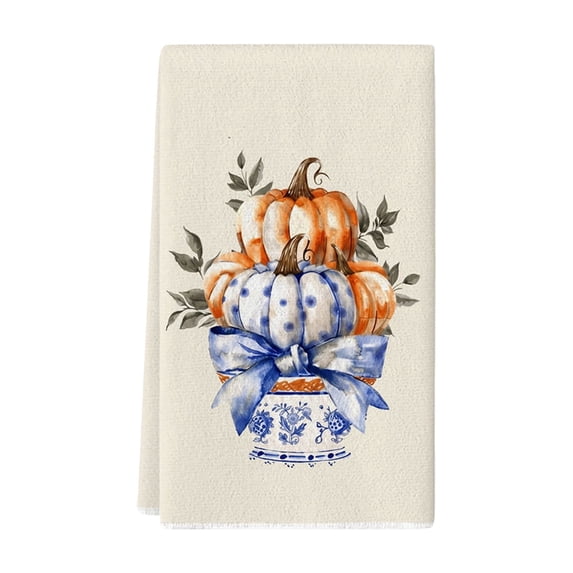 Fall Pumpkin Kitchen Towels, Blue and White Chinoiserie Autumn Pumpkin Dish Tea Towels for Kitchen, Fall Decorative Hand Towel - 16''X24''