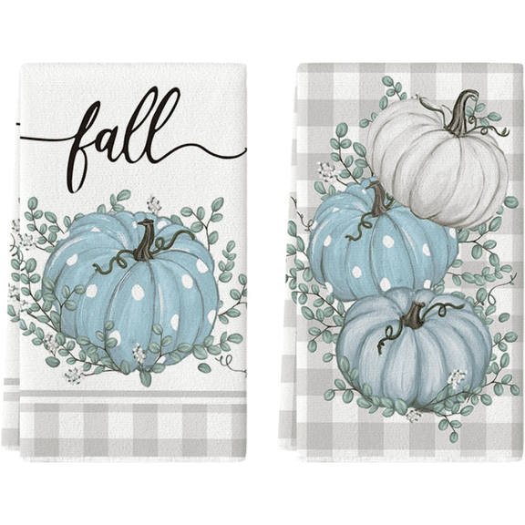 Fall Pumpkin Kitchen Towels Set of 2, Blue White Buffalo Check Farmhouse Dish Towels, Autumn Eucalyptus Decorative Hand Towels for Kitchen Decor, 16×24 Inch