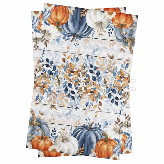 Fall Pumpkin Kitchen Towels Set of 2, Water Absorbent Dish Towel, Thanksgiving Blue White Orange Plants Wood Decorative Hand Towels - Quick Drying Cloth for Cooking Baking, 18x28 Inch