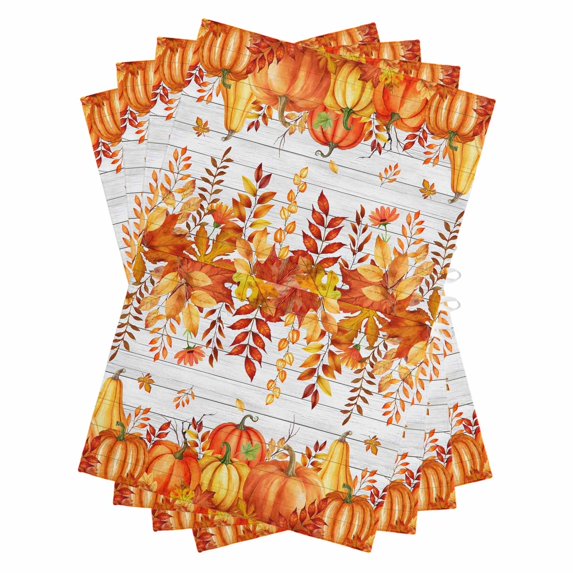 Fall Pumpkin Kitchen Towels Set of 4, Water Absorbent Dish Towel, Orange Red Thanksgiving White Wood Grain Decorative Hand Towels - Quick Drying Cloth for Cooking Baking, 18x28 Inch