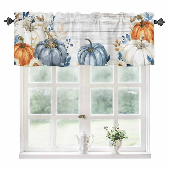 Fall Pumpkin Kitchen Valances for Windows 60x18 Inch Kitchen Curtains Valances Rod Pocket Thanksgiving Eucalyptus Grey Wood Grain Bathroom Window Valances for Window Treatment Decor