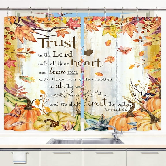 Fall Pumpkin Kitchen Window Curtains, Autumn Thanksgiving Harvest Pumpkins Inspirational Quotes Trust in The Lord Rustic Wooden Board Farmhouse Panels Kitchen Window Drapes with Hooks, 55X39Inches