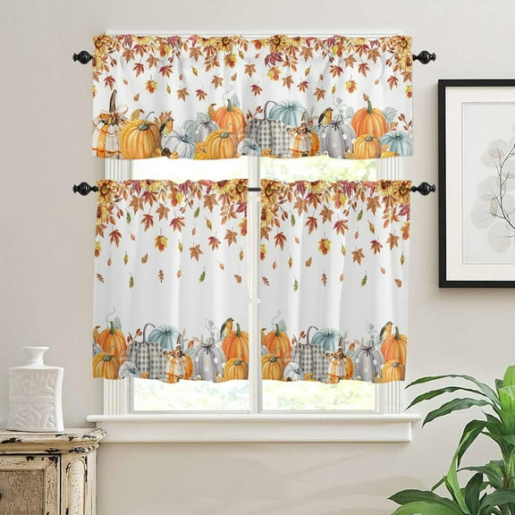 Fall Pumpkin Kitchen Window Tier Curtains and Valance 3 Pieces Set Farmhouse Sunflower Maple Leaves Window Valances Rod Pocket Panels Privacy Thanksgiving Cafe Tiers Bedroom Short Window Treatment