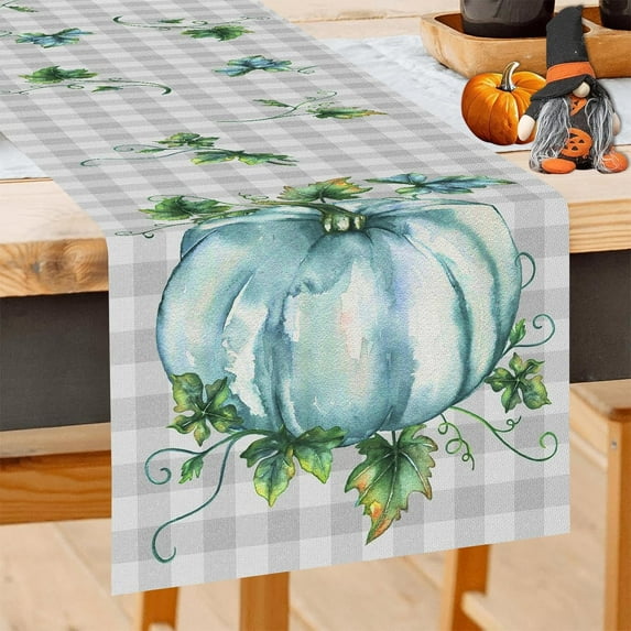 Fall Pumpkin Leaves Buffalo Plaid Table Runner Seasonal Autumn Farmhouse Kitchen Dining Table Decorations for Indoor Outdoor Home Decor 13x72 Inch
