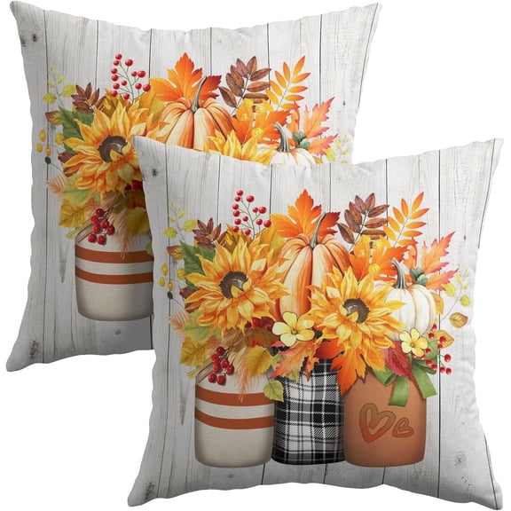Fall Pumpkin Leaves Throw Pillow Covers Set of 2 Autumn Orange Sunflower Vases Pillowcase Soft Square Seasonal Decorative Cushion Covers for Home Sofa Bedroom