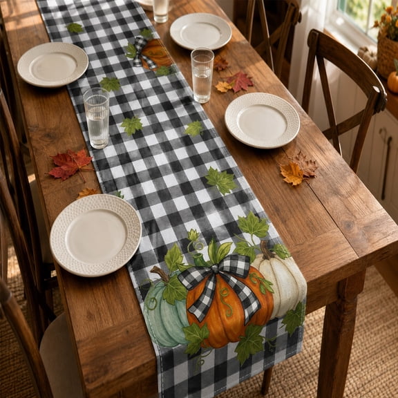 Fall Pumpkin Linen Table Runner Thanksgiving Rustic Plaid Long Table Decor for Dining Room Farmhouse Kitchen Mantle Autumn Harvest Party Supply
