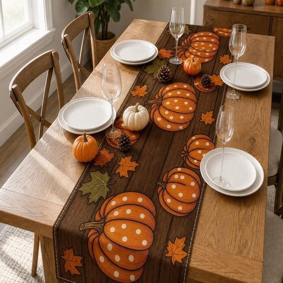Fall Pumpkin Linen Table Runner Thanksgiving Rustic Plaid Long Table Decor for Dining Room Farmhouse Kitchen Mantle Autumn Harvest Party Supply