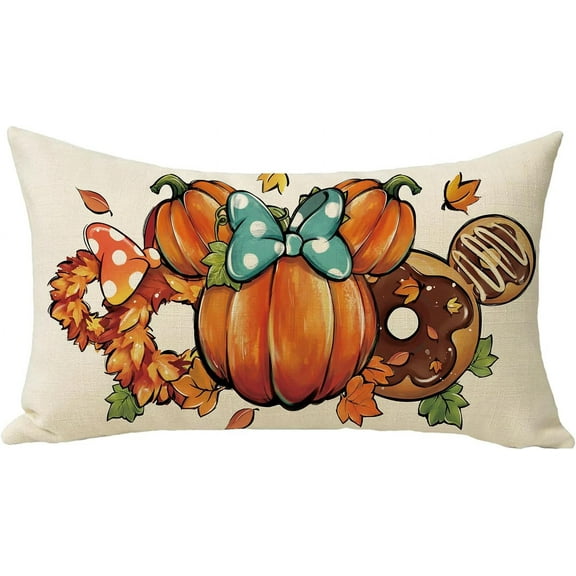 Fall Pumpkin Lumbar Decorative Throw Pillow Cover 12 x 20, Rectangular Autumn Wreath Doughnut Outdoor Home Decor, Thanksgiving Maple Leaves Couch Cushion Case
