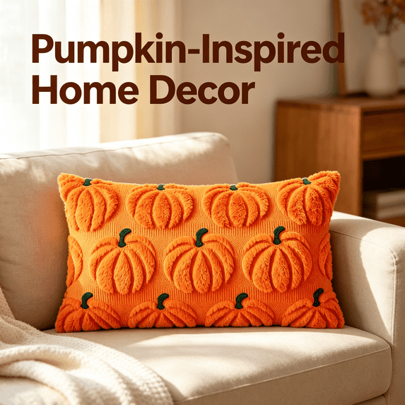 Fall Pumpkin Lumbar Throw Pillow Cover, Raised Tufted Pumpkin Textured Rectangular Pillowcase, 12×20 Inch Autumn Decorative Cushion Cover for Sofa Couch Bedroom