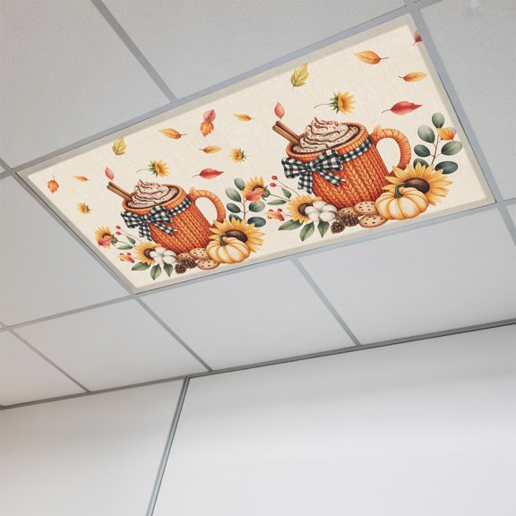 Fall Pumpkin Magnetic Fluorescent Light Covers for Ceiling Lights 2x4 Ft,Retro Brown Coffee Autumn Eucalyptus Sunflower Office Kitchen Drop Ceiling Light Covers Lighting Filters Shade Panel 1 Pack