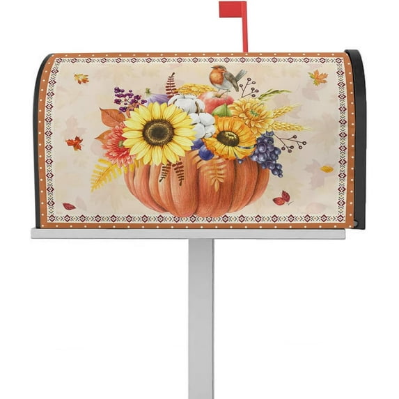 Fall Pumpkin Magnetic Mailbox Covers 21" X 25.5", Rustic Thanksgiving Halloween Autumn Pumpkin Sunflower Bird Mailbox Wraps Standard Size Harvest Vintage Letter Box Cover for Holiday Banquet Party