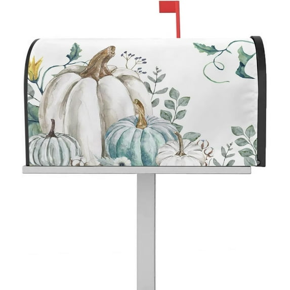 Fall Pumpkin Mailbox Cover Thanksgiving Magnetic Mailbox Wraps,Watercolor Eucalyptus Leaves Mailbox Covers Standard Size 18x21 Inch Mail Wrap Farm Letter Box Fall Decoration for Outdoor Gardern Yard